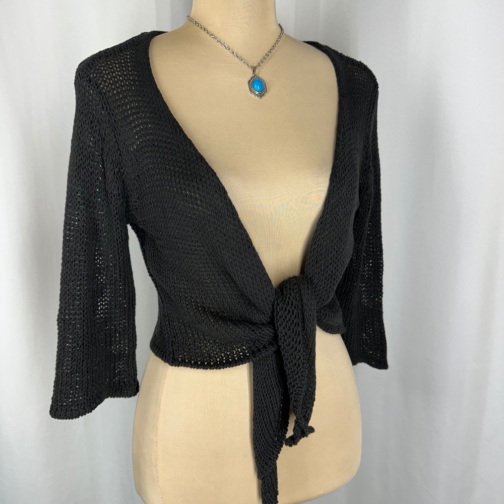 Wooden Ships Paola Buendia Black Open Knit Ballet Tie Cardigan XS Cotton Blend